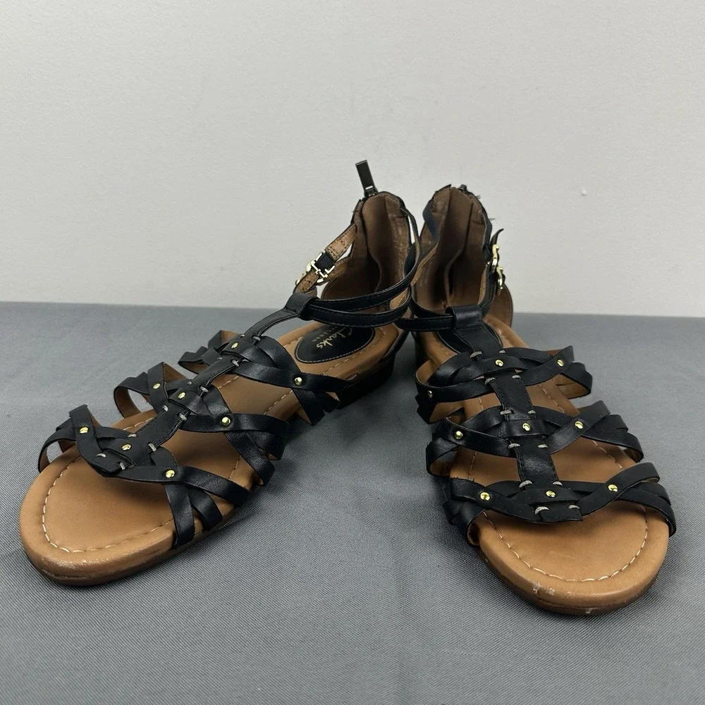 CLARKS ARTISAN Sandals SIZE: 9 M Strappy BLACK Leather Womens Low Heel Comfort